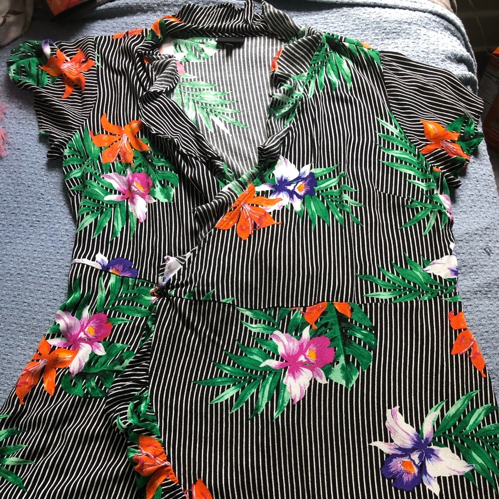 Striped Wrap Dress w/ Floral Pattern